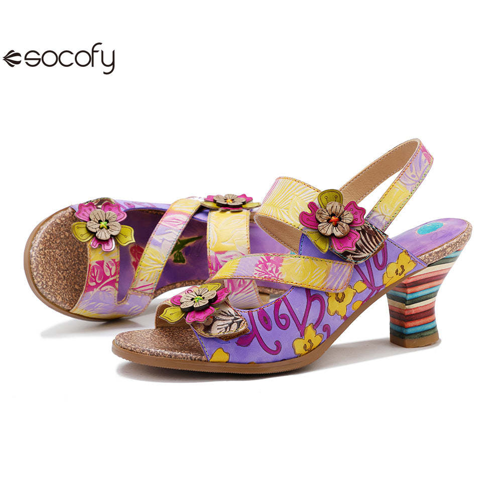 Socofy new summer style genuine leather retro three-dimensional flower rainbow and wine glass sandals for women