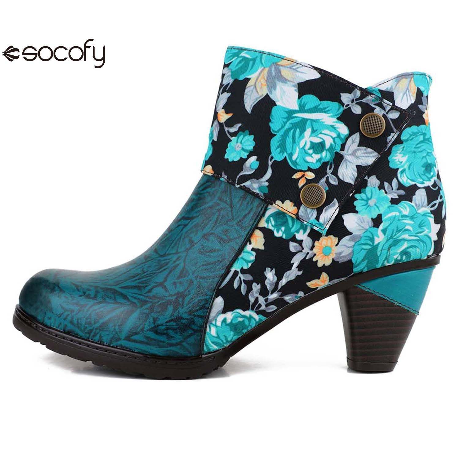 Socofy Autumn ethnic style cowhide thickened mid-calf round toe fashion boots for women