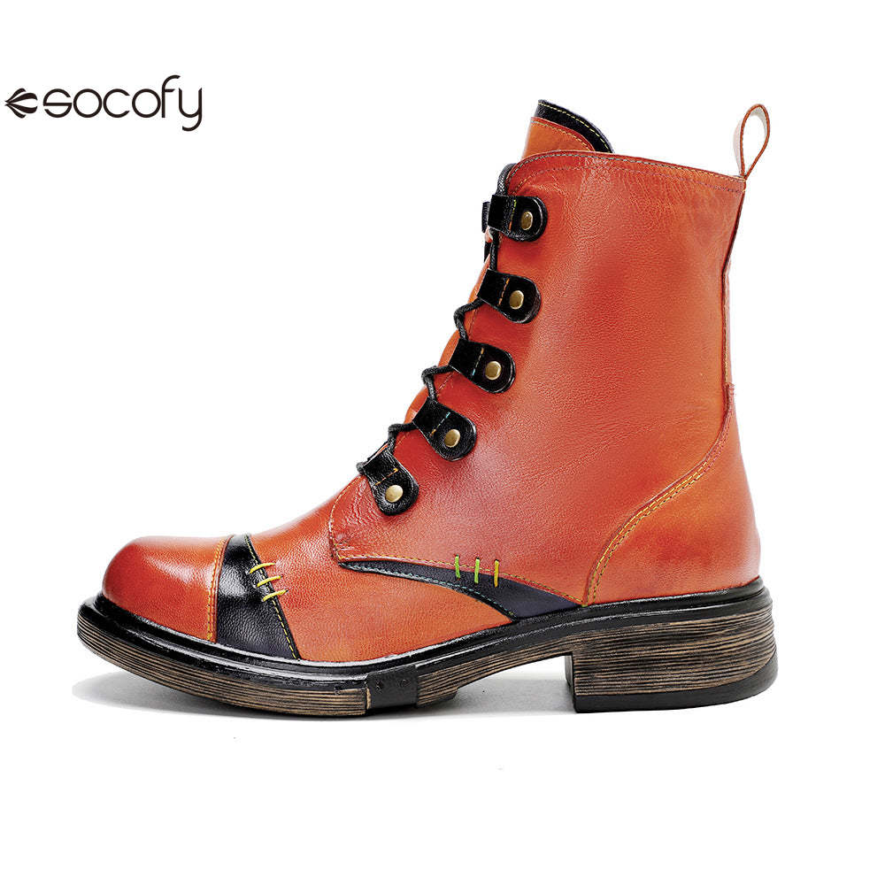 Socofy Vicconfy Leather Handmade Color Clash Retro Fashion Martin Boots Women's Boots