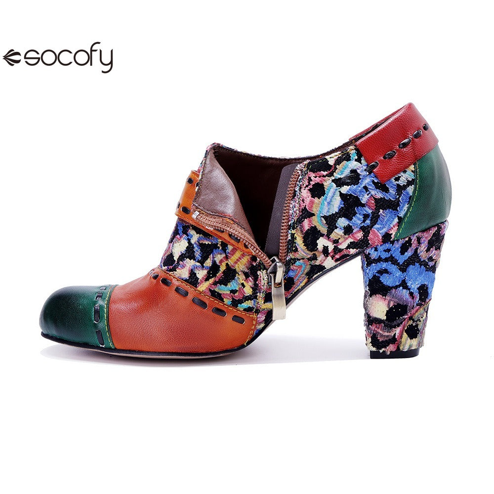 Socofy Genuine Leather Vintage Floral Chunky Heeled Women Pumps