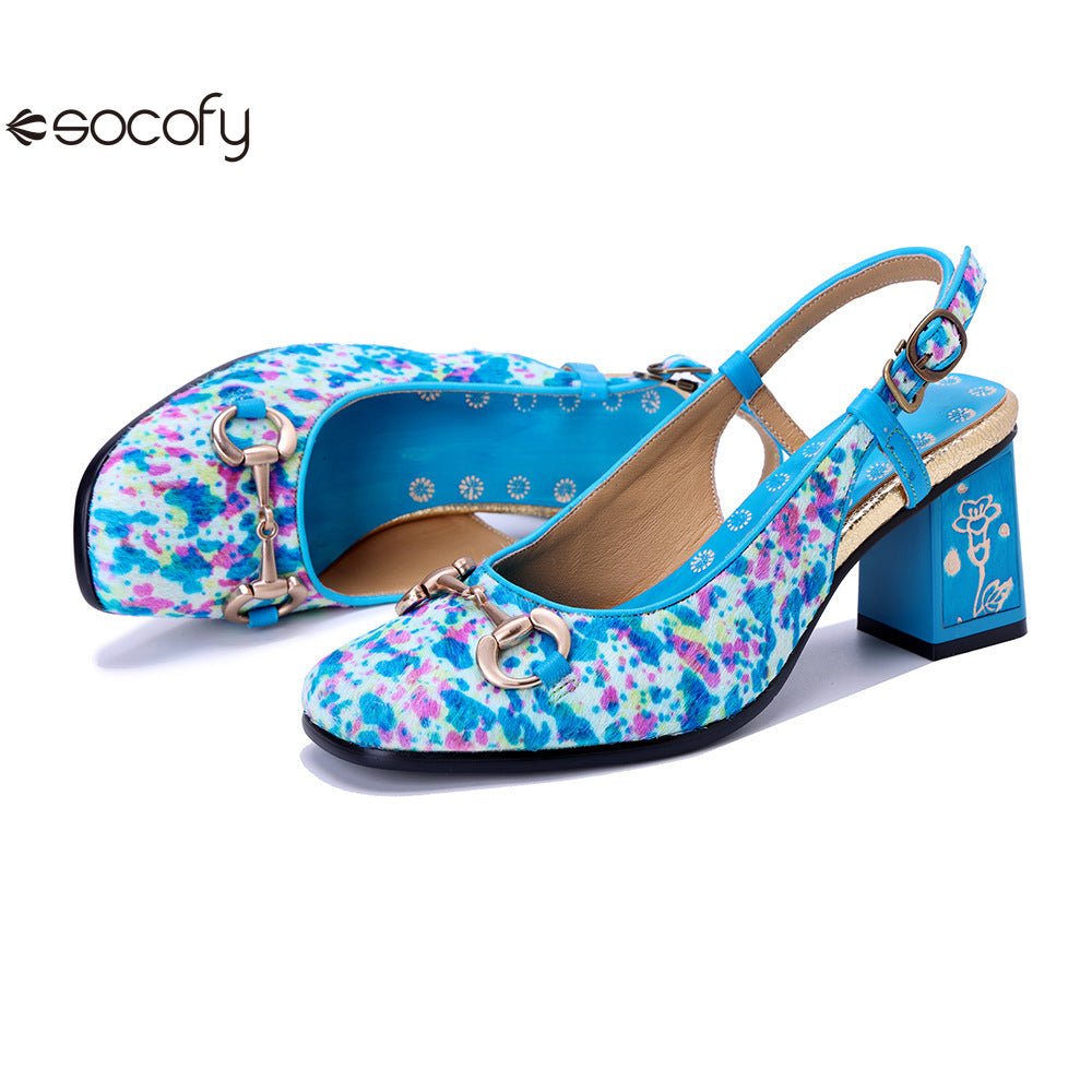 Socofy Handmade Leather Crushed Flower Chunky High Heeled Sandals