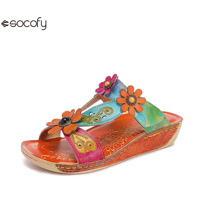 Socofy Vicconfy Loose Round Toe Handmade Cubic Flower Ethnic Flat Sandals