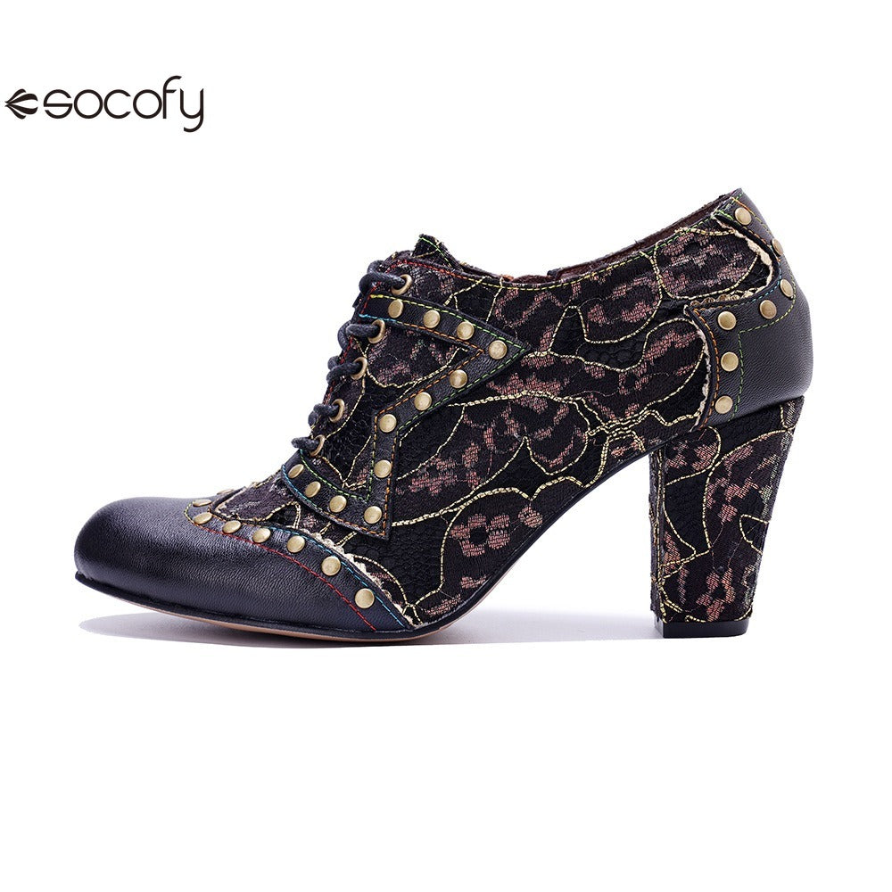 Socofy genuine leather Women's Leather Rivet Retro Fashion High Heeled Shoes