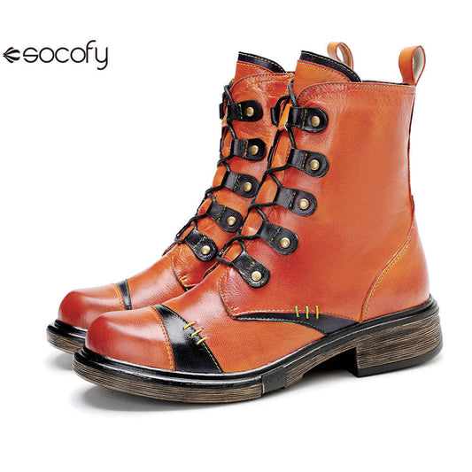 Socofy Vicconfy Leather Handmade Color Clash Retro Fashion Martin Boots Women's Boots 1000