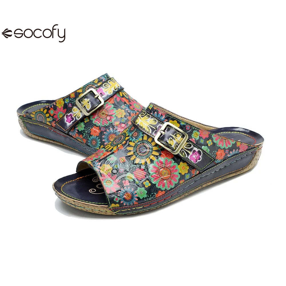 Socofy Spring Summer Genuine Leather Outside Slippers Hand-painted Retro Comfort Flat Sandals