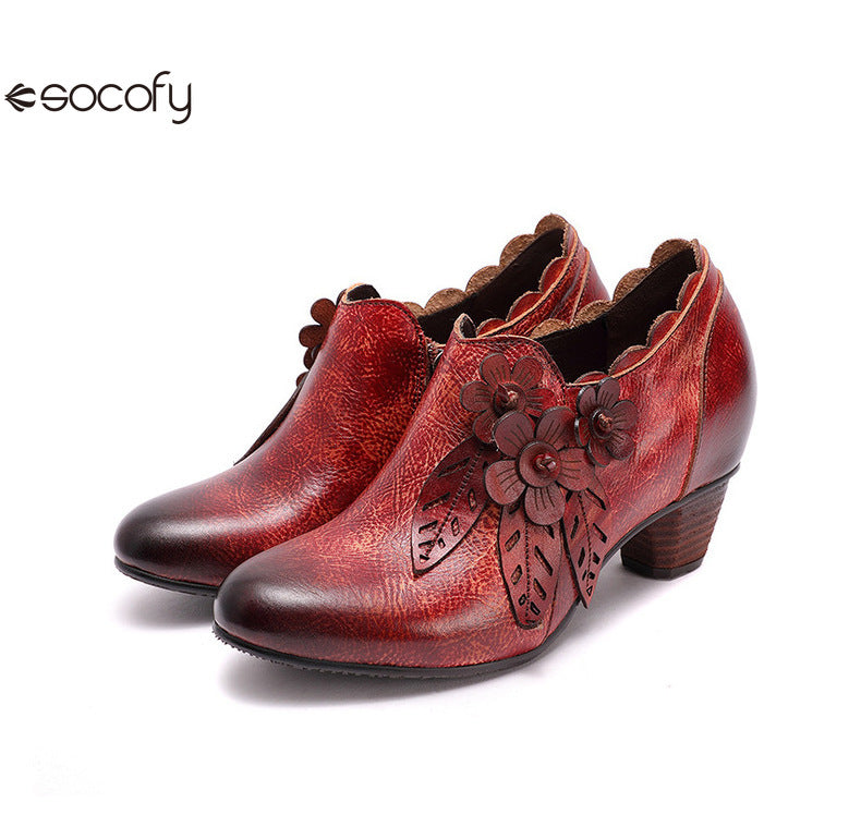 Socofy Genuine Leather Handmade Vintage Fashion Side Zipper High Heels Women's Shoes