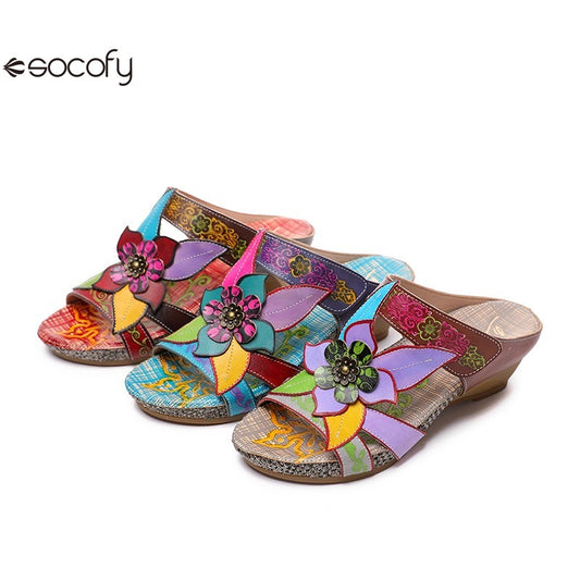 Socofy genuine genuine leather bohemian floral vintage sandals 800