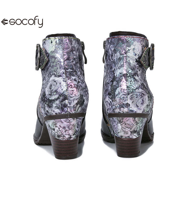 Socofy Vicconfy Vintage Cowhide Leather Boots Fashion Boots Mid Heel Women's Shoes