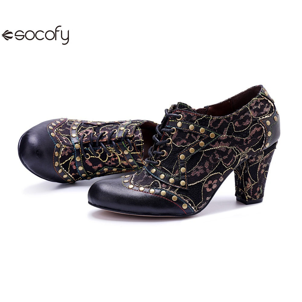 Socofy genuine leather Women's Leather Rivet Retro Fashion High Heeled Shoes