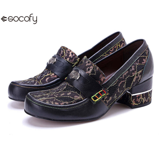 Socofy Leather Patchwork Comfortable Chunky Heeled Loafers Shoes 1000