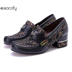 Socofy Leather Patchwork Comfortable Chunky Heeled Loafers Shoes