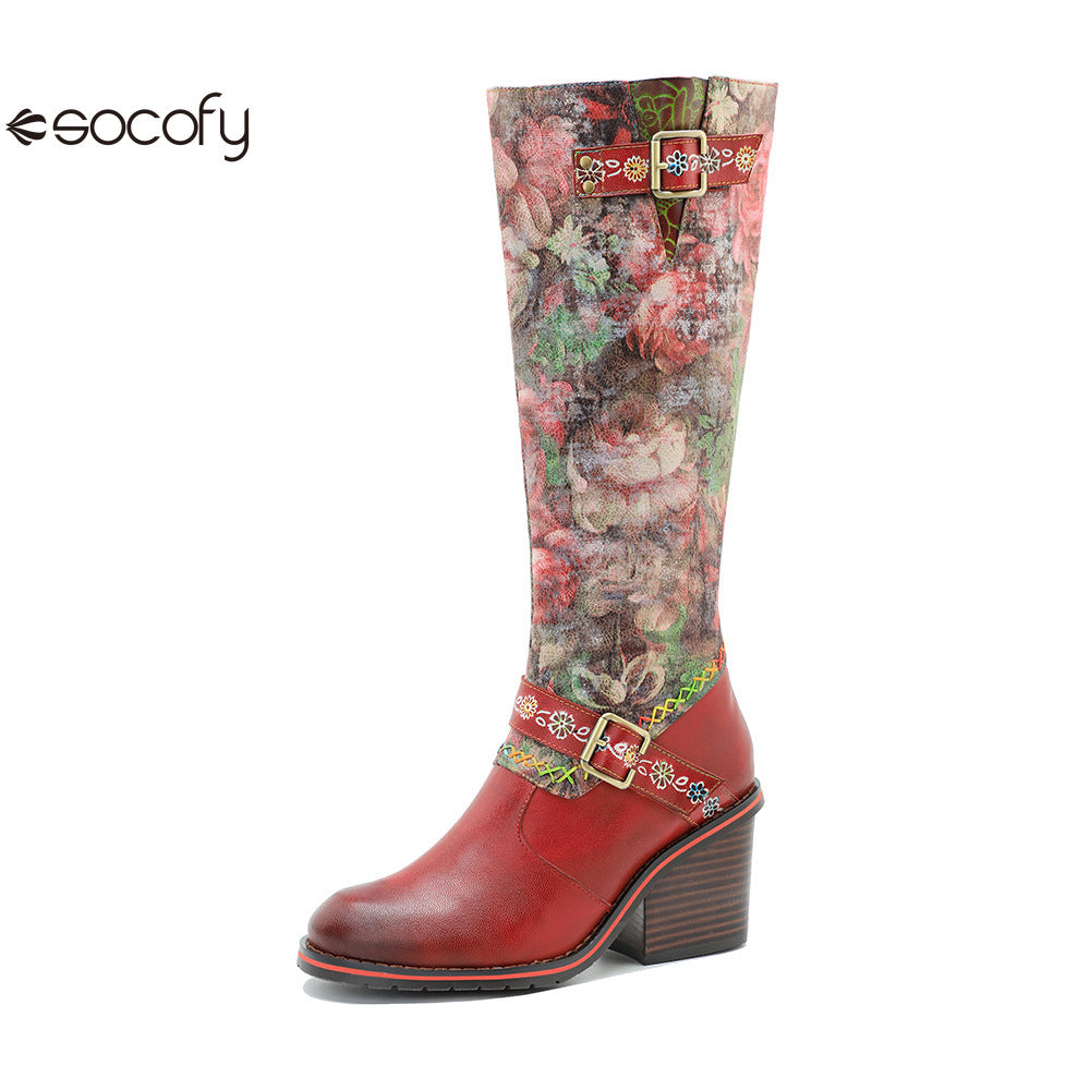 Socofy Vicconfy Handmade Color Rubbed Leather Printed Belt Buckle Chunky Heel Women's Boots