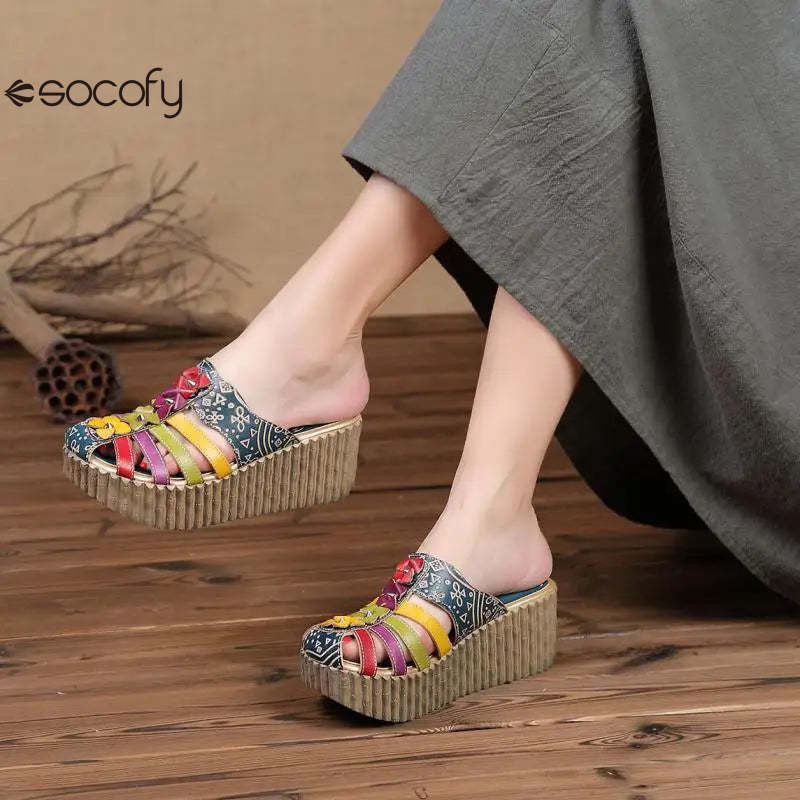 Socofy Genuine Leather National Style Hand-painted Outside Summer Flower Wedges Slides Slippers