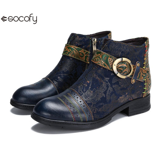 SOCOFY Genuine Leather Ethnic Style Round Toe Belt Buckle Handmade Embossing Short Boots 800