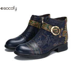 SOCOFY Genuine Leather Ethnic Style Round Toe Belt Buckle Handmade Embossing Short Boots