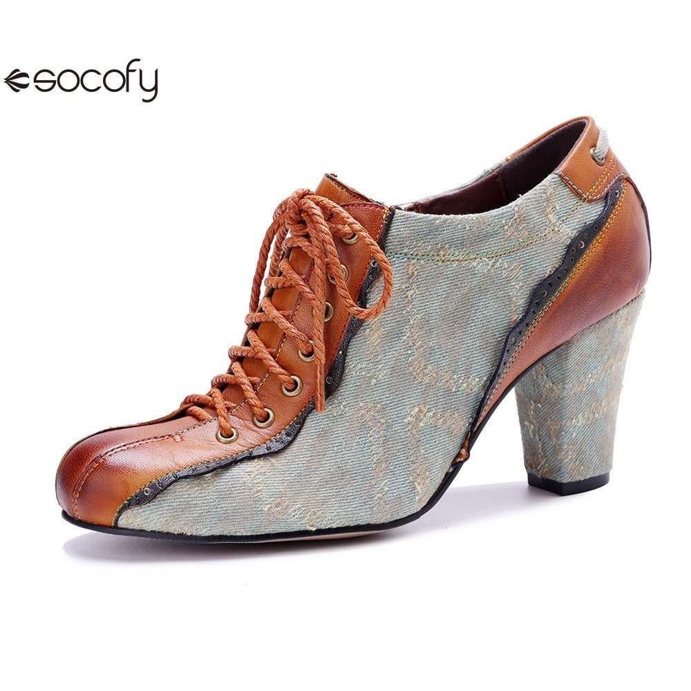 Socofy Genuine Leather Retro Fashion Lace Up Heels pumps