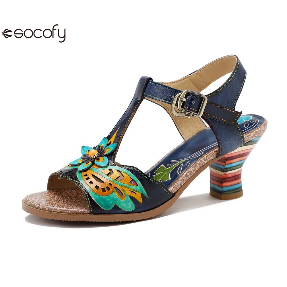 Socofy Genuine Leather Hand-painted Retro Contrast Comfortable High Heeled Sandals