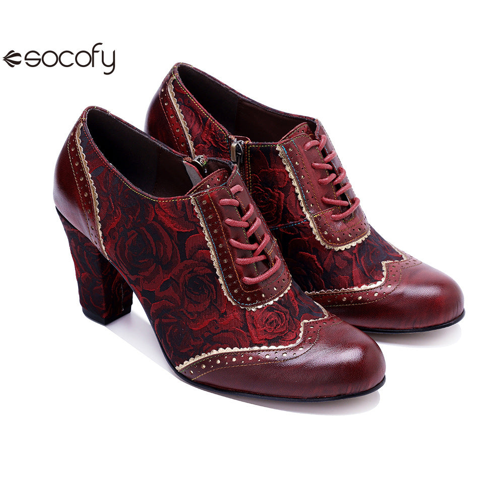 Socofy Genuine Leather Women's Leather Rivets Vintage French Court Style Elegant High Heels