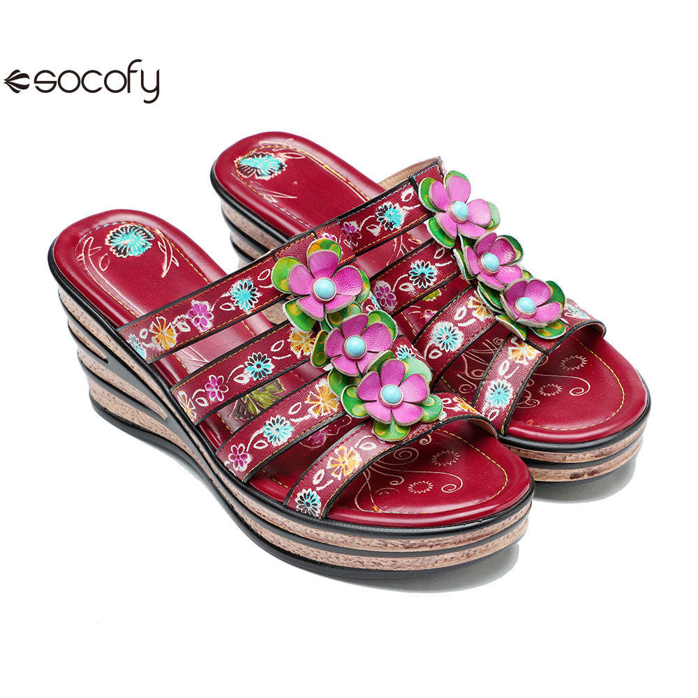 Socofy Summer Leather Vintage Flower Slope Heel Sandals Slippers