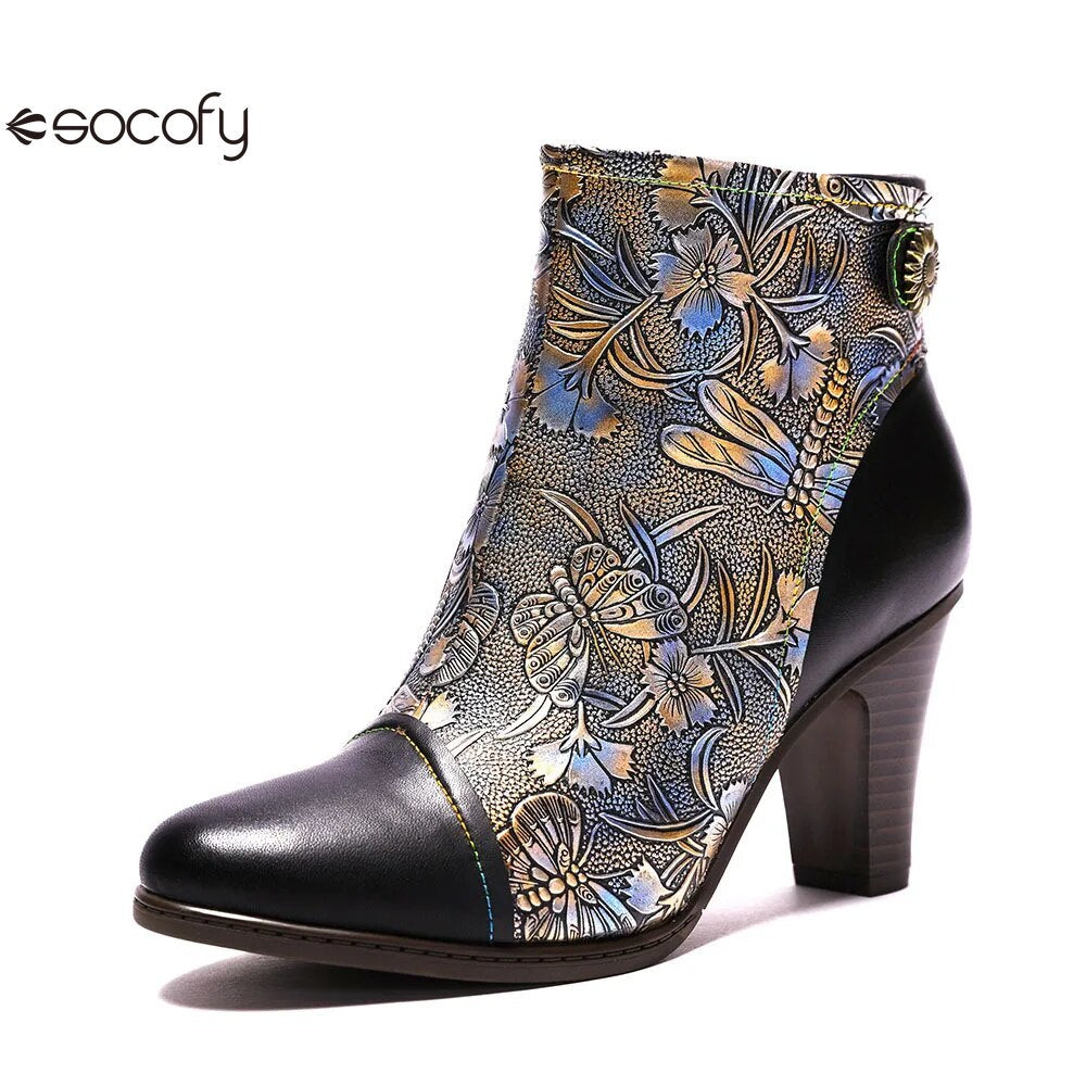 SOCOFY Genuine Leather Retro Handmade Exquisite Embossed Fashion Zip Winter Boots