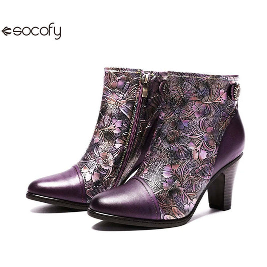 SOCOFY Genuine Leather Retro Handmade Exquisite Embossed Fashion Zip Winter Boots 1000