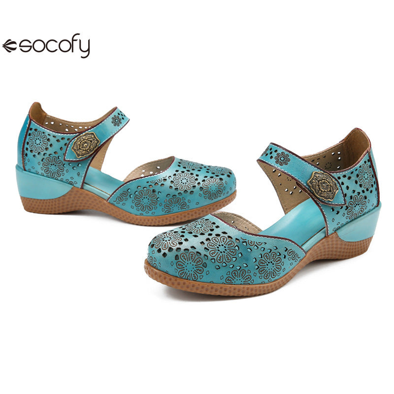 Socofy Genuine leather romantic three-dimensional flowers hollowed out sandals