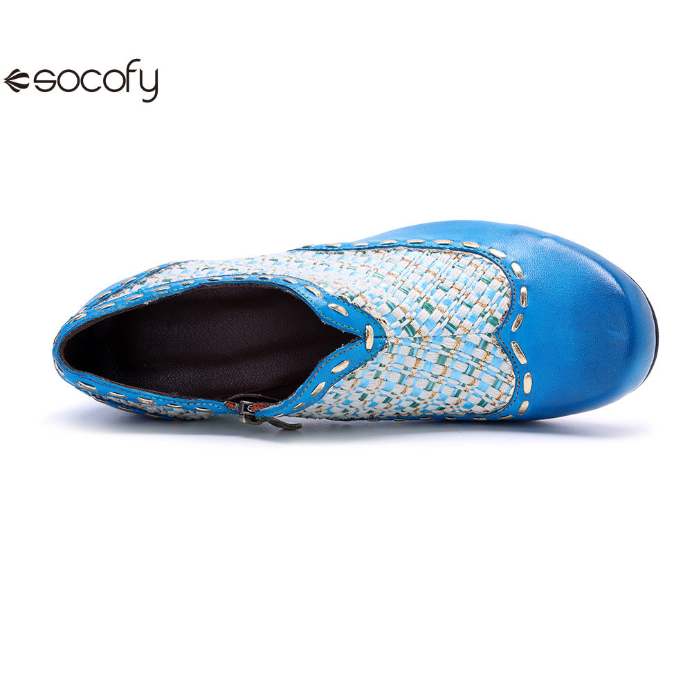 Socofy Genuine Leather Vintage Boho Woven Side Zipper Pumps