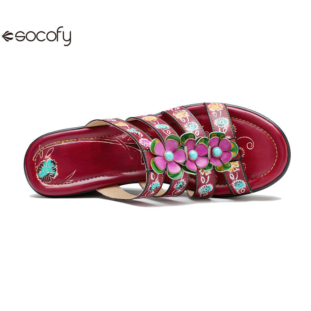 Socofy Summer Leather Vintage Flower Slope Heel Sandals Slippers