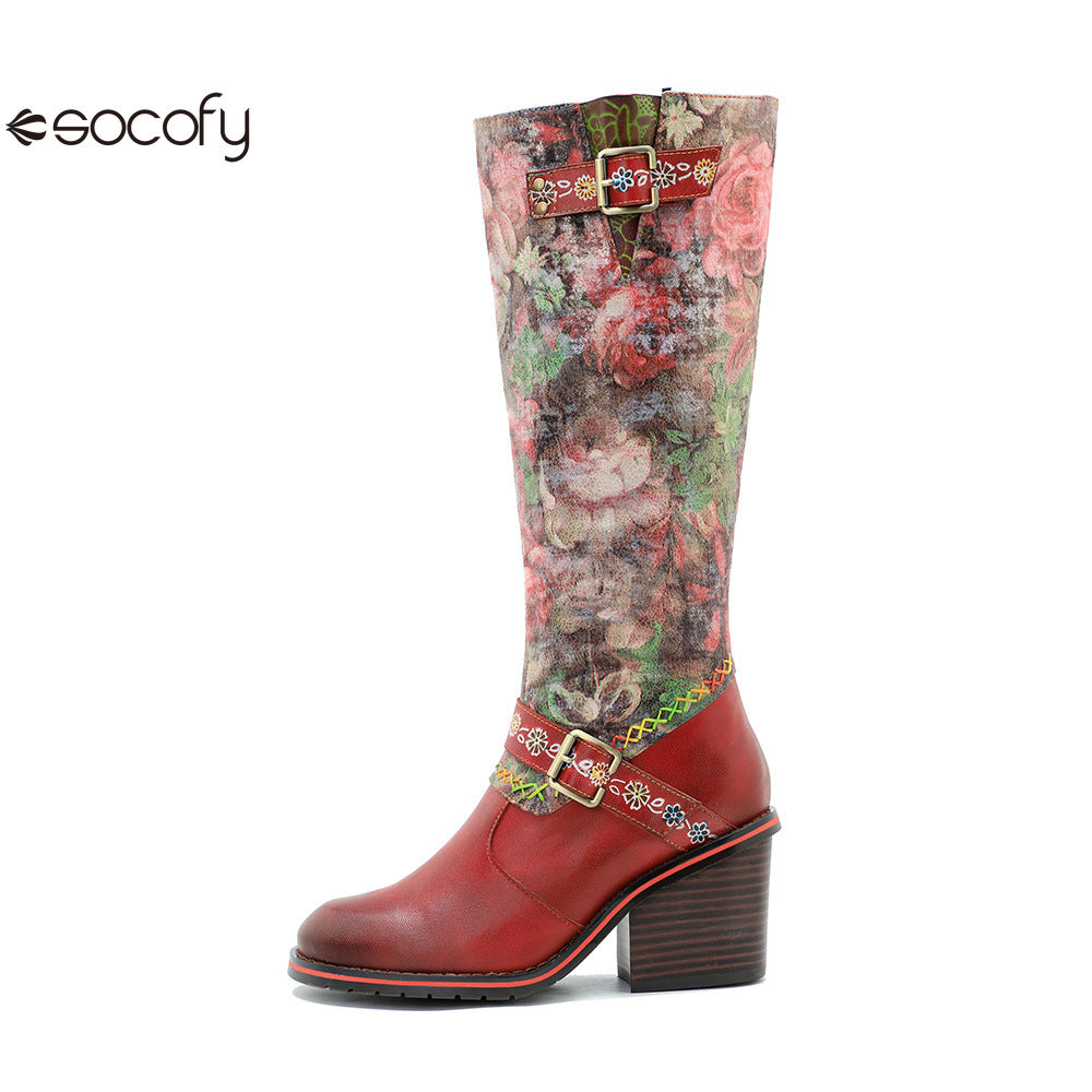 Socofy Vicconfy Handmade Color Rubbed Leather Printed Belt Buckle Chunky Heel Women's Boots