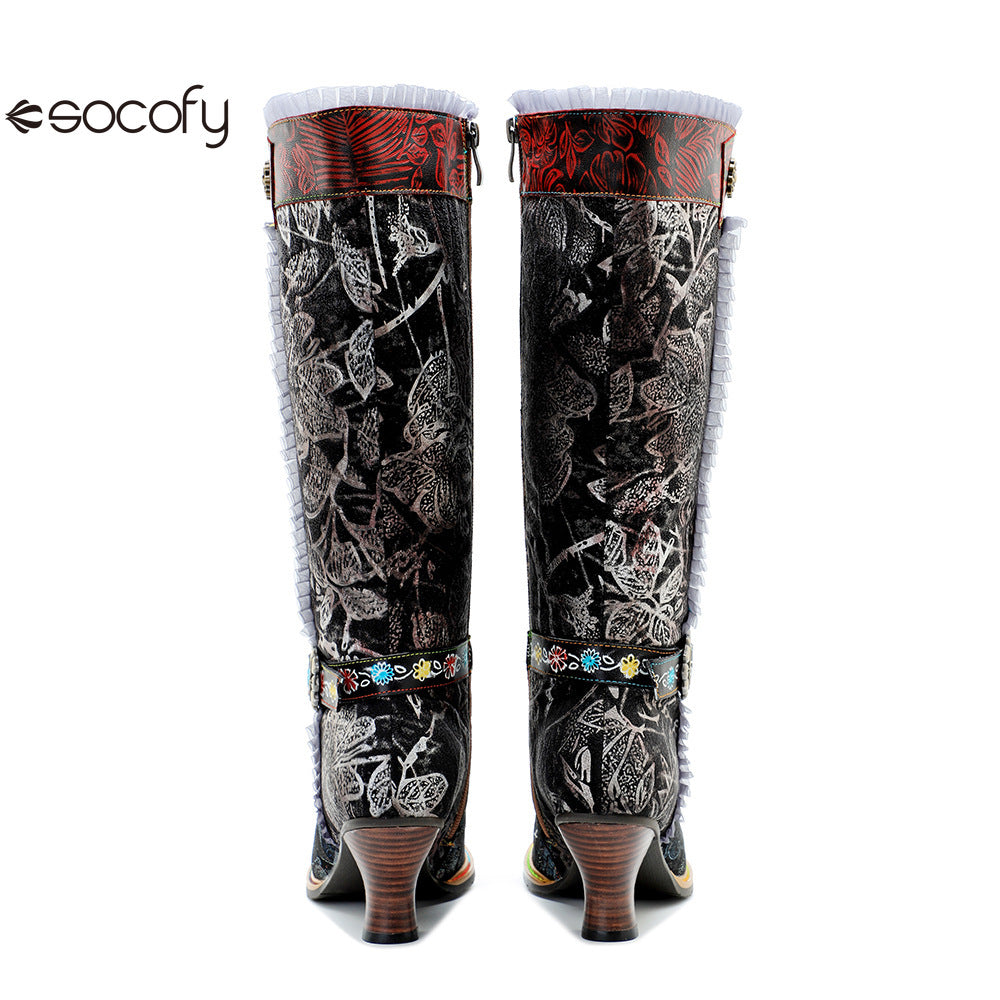 Socofy Genuine Leather Vintage Boots Warm Lace Side Heeled Boots