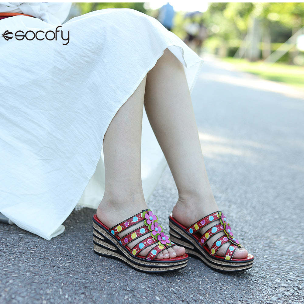 Socofy Summer Leather Vintage Flower Slope Heel Sandals Slippers