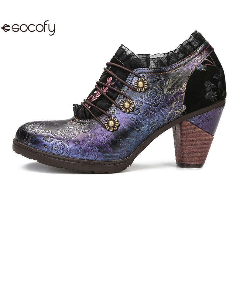 Socofy Vicconfy Genuine Leather Lace Trim Vintage Floral Illusion Heels