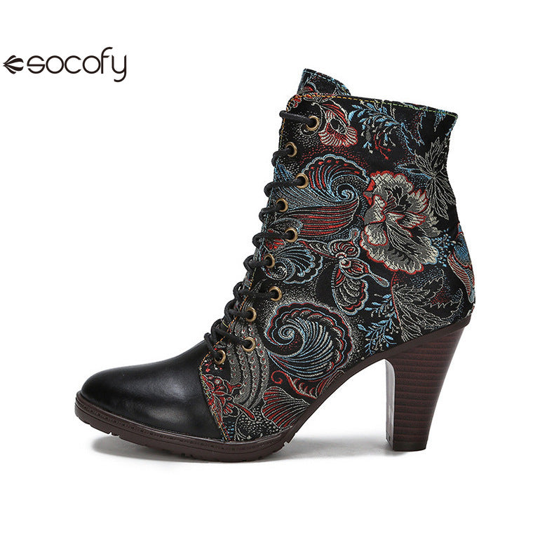 Socofy Vicconfy Cowhide Non-Slip Vintage Embroidered Heel Ankle Boots