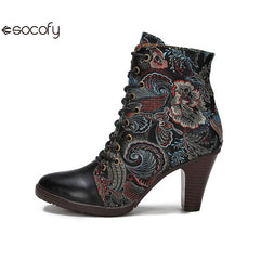 Socofy Vicconfy Cowhide Non-Slip Vintage Embroidered Heel Ankle Boots