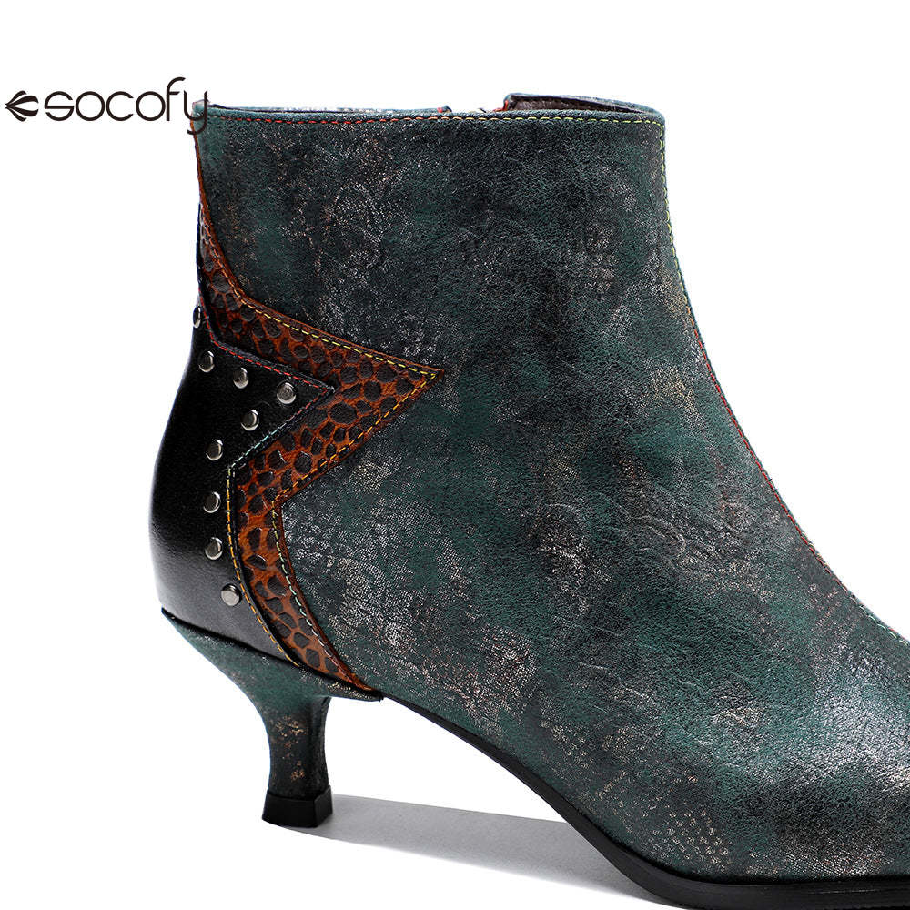 Socofy French Retro Metallic Dark Studded Studded Wrap Heel Design Slim Heel Women's Boots