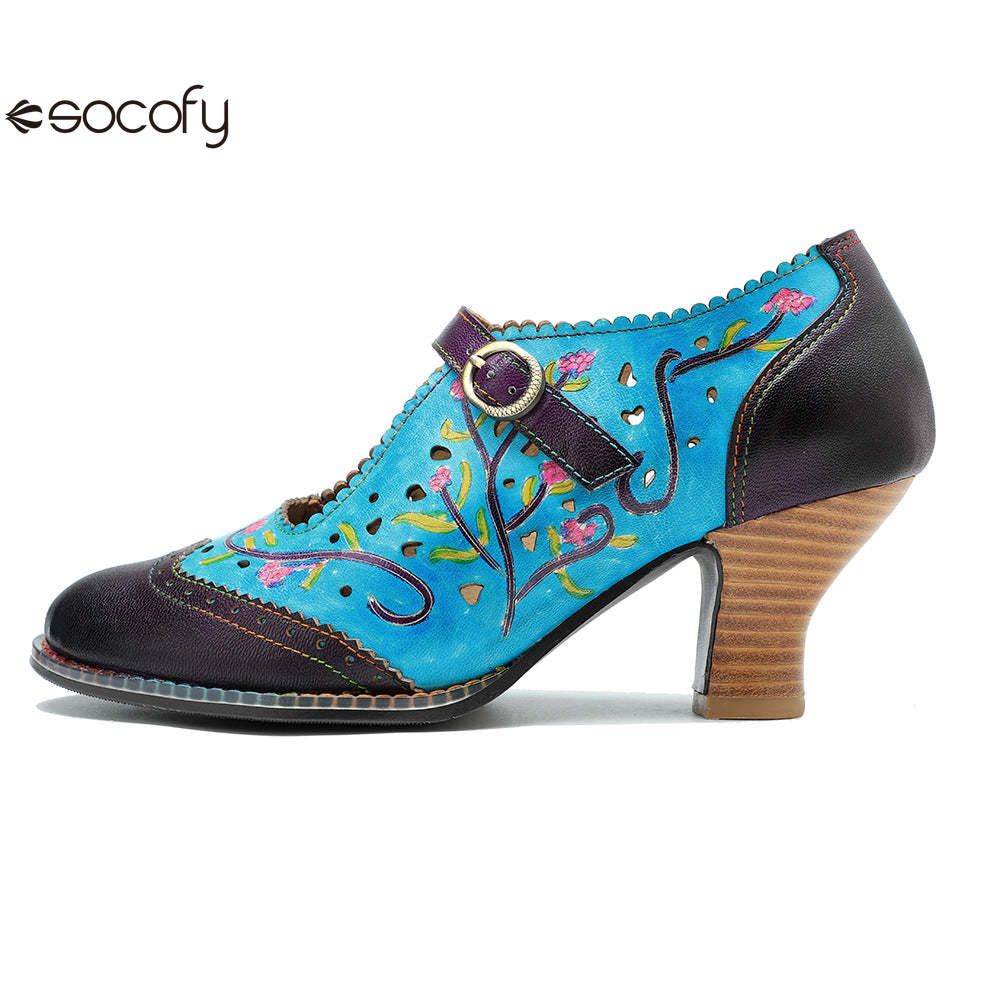 Socofy genuine leather hand-rubbed hollow flower high heels for women