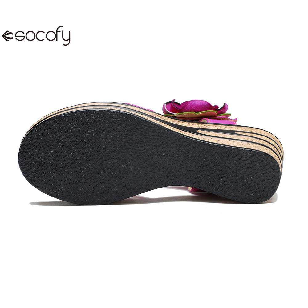 Socofy summer leather three-dimensional flowers comfortable sloping sandals