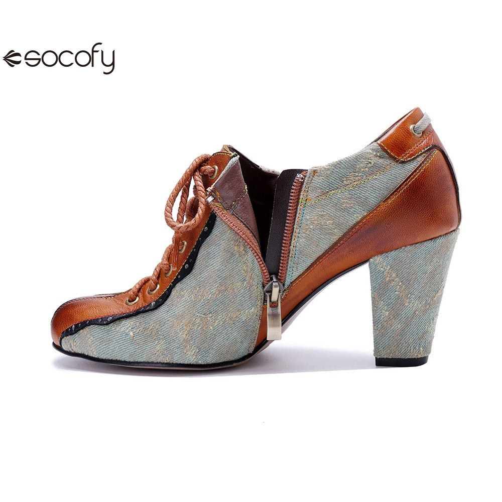 Socofy Genuine Leather Retro Fashion Lace Up Heels pumps