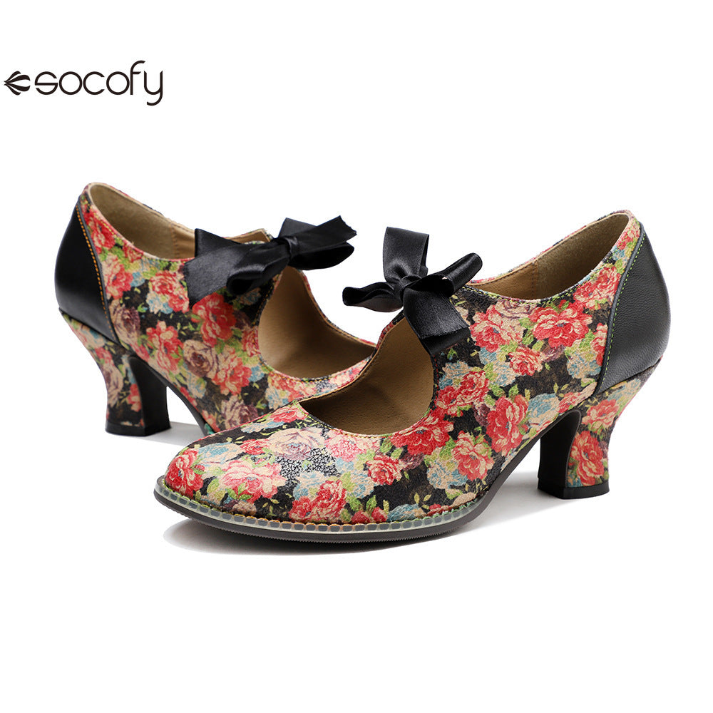 Socofy Vintage Rustic Broken Flower Strappy Bow High Heels