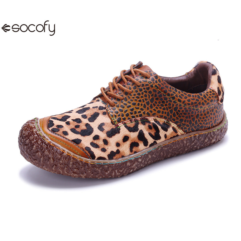 Socofy Vicconfy Genuine Leather Handmade Leopard Print Casual Comfort Loafers