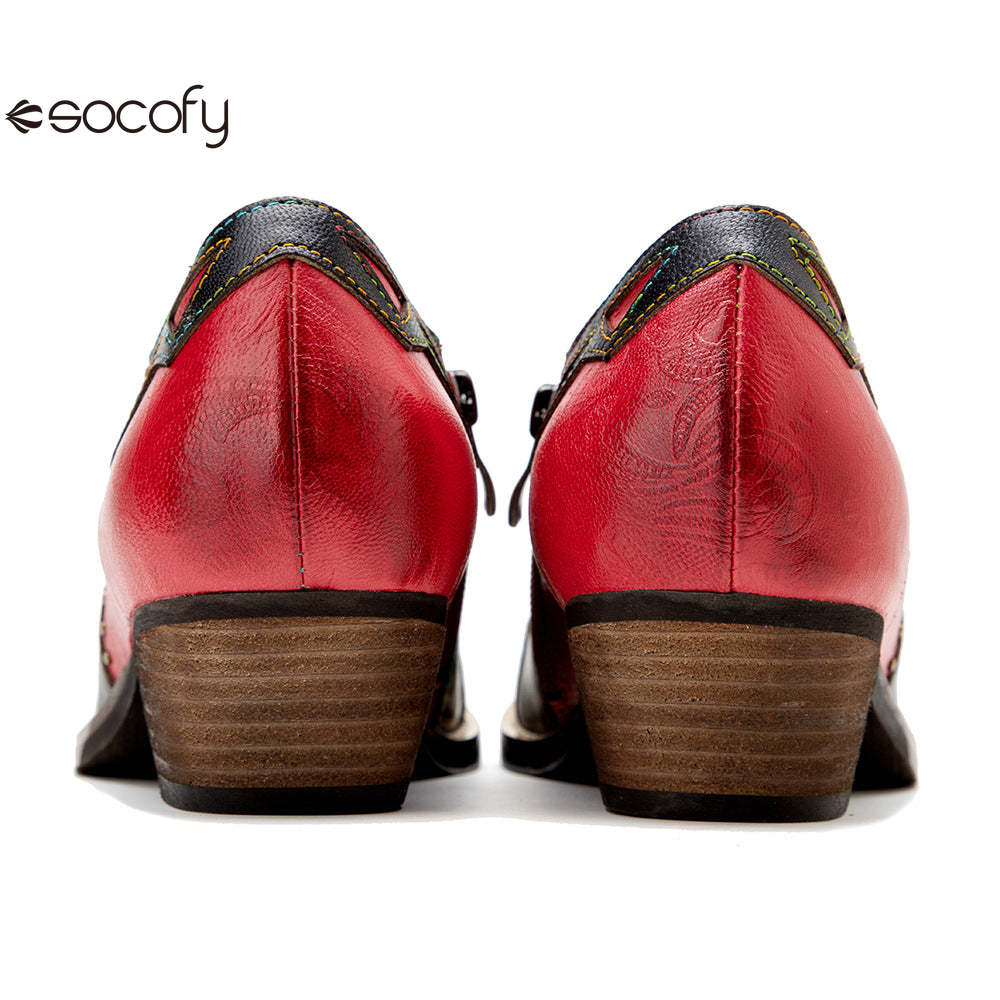 Socofy Genuine Leather Retro Round Rivet Deco Shallow Flat Shoes