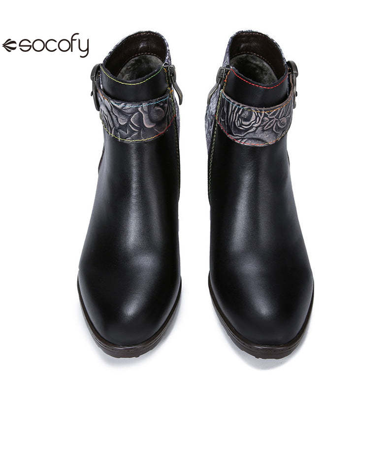 Socofy Vicconfy Vintage Cowhide Leather Boots Fashion Boots Mid Heel Women's Shoes