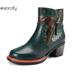 Socofy Vicconfy Women's Martin Boots Leather Patchwork Ethnic Vintage Short Boots