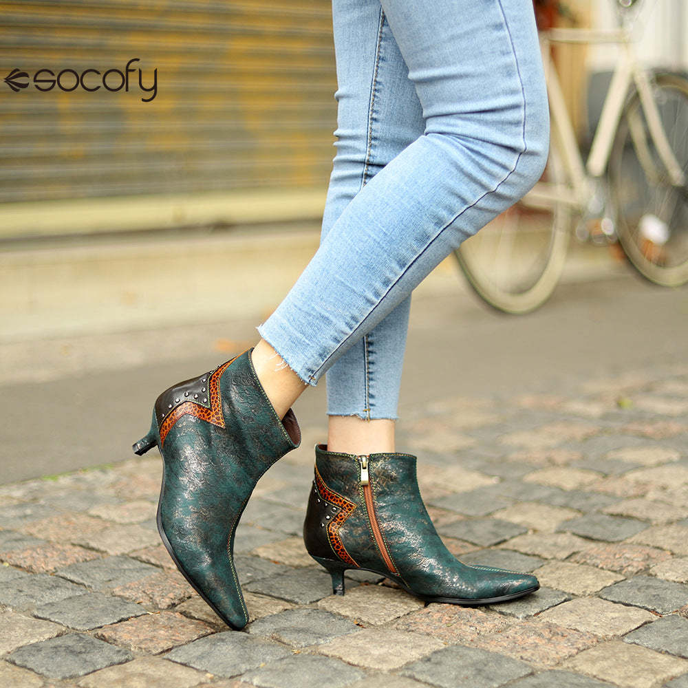 Socofy French Retro Metallic Dark Studded Studded Wrap Heel Design Slim Heel Women's Boots