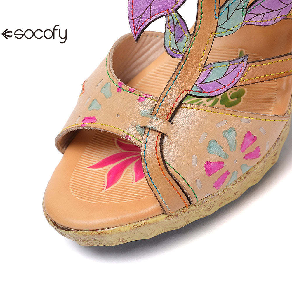 Socofy Vicconfy Flower Patchwork Head Cowhide High Heel Women's Sandals Slippers