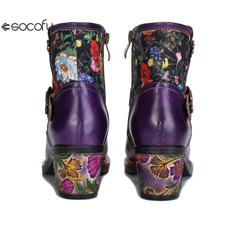 Socofy Vicconfy Genuine Leather Cubic Embossed Romantic Vintage Floral Heeled Ankle Boots