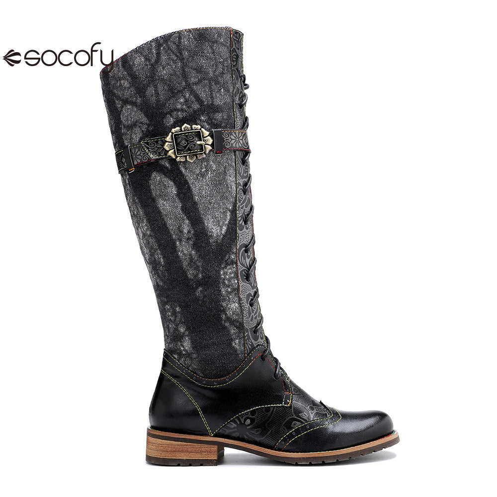 Socofy Vicconfy Genuine Leather Dark Flower Lace Up Flat Boots