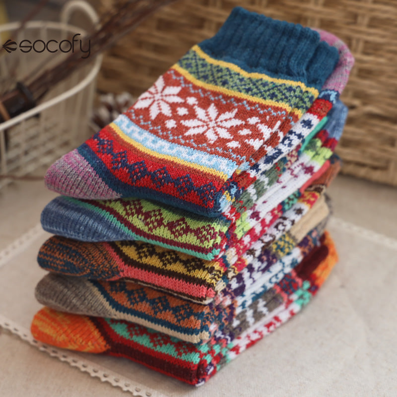 Socofy Vintage Thickened Warm Ethnic Wool Socks