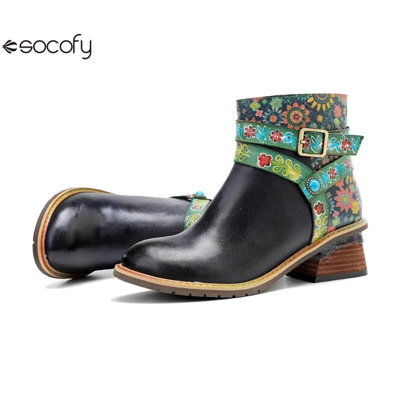 SOCOFY Belt Buckle ZIP Genuine leather Flower Splicing British Style Ankle Boots