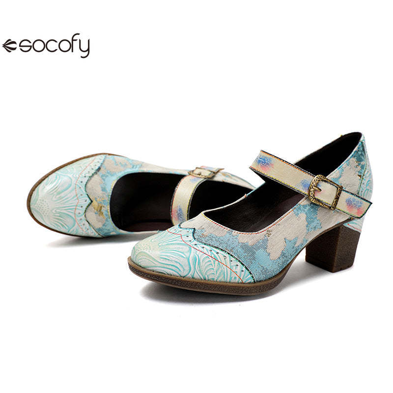 Socofy Vicconfy Retro genuine Leather Women's Mary Jane Heel